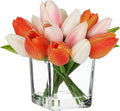 DILATATA Artificial Tulips in Vase with Faux Water 5.5" Real Touch Mixcolor Flowers Fake Tulips Small Flowers Arrangement in Cube Glass Vase for Mother's Day Table Centerpiece Wedding Home Decor