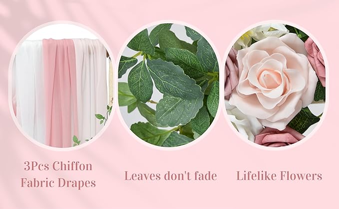 Ting's time Arch Flowers with Drapes Kit (Set of 5)-2Pcs Artificial Floral Swag Arrangement 3Pcs Draping Fabric for Wedding Floral Party Outdoor Decor (Dusty Rose)
