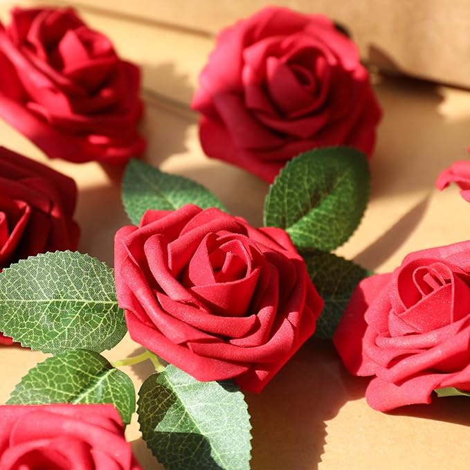 AmyHomie Artificial Flower Dark Red Rose 25pcs Real Looking Fake Roses w/Stem for DIY Wedding Bouquets Centerpieces Arrangements Party Baby Shower Valentines Day Christmas Tree Decorations