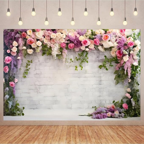 10x6.5ft Retro White Brick Wall Floral Backdrop Romantic Roses Vine Leaves Photography Background Girls Birthday Party Wedding Bridal Shower Flowers Brick Wall Decoration Supplies Photo Booth Props