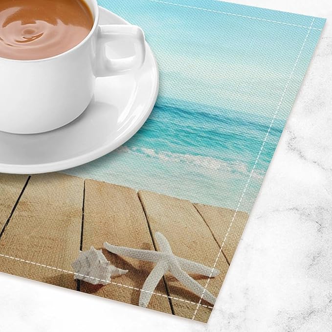 Beach Placemats Set of 4 Summer Nautical Coastal Seashell Art Printed Dining Table Mats for Restaurant Home Kitchen Holiday Decor 12x18in