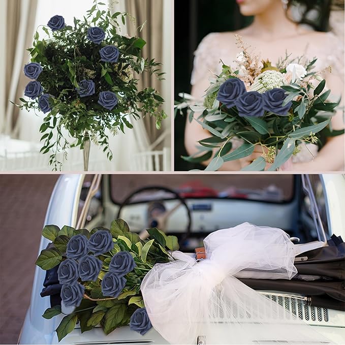 200PCS Navy Blue Artificial Flowers Roses Real Looking Foam Fake Roses with Leaves and for DIY Wedding Bouquets Bridal Shower Centerpieces Party Decorations (Navy Blue, 200)