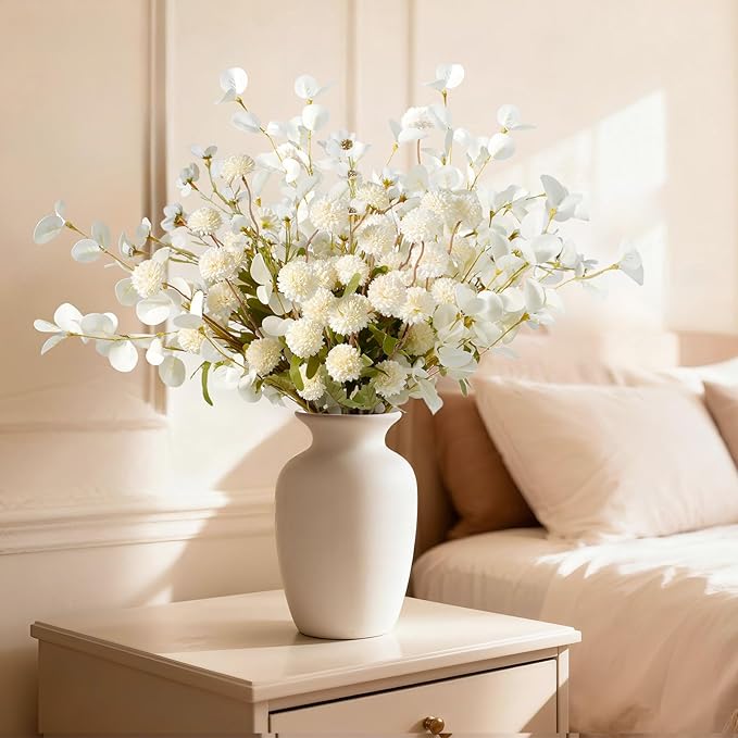 Real-Touch Faux Silk Mums Bouquet, Bendable Long Stems, Full & Realistic Artificial Flower Arrangement for Vase, Table, Wedding & Wreath Décor, Beige(No Vase) (White Kiku+Wax+Eucalyptus)