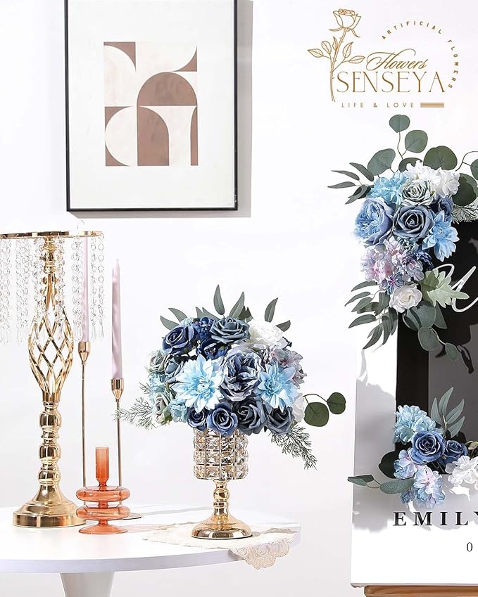 Senseya Artificial Flowers Combo Box for Decoration,Silk Mix Fake Flowers with Stems DIY Wedding Bouquets,Artificial Flowers Bulk Box Set Home Cake Decor (Blue)