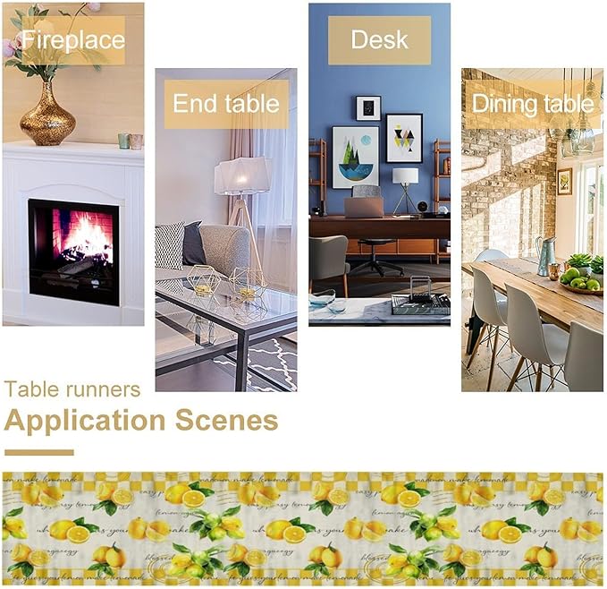 Lemon Table Runner , Summer Yellow Fruits Green Leaves Kitchen Dinning Table Decoration for Indoor Outdoor Home Party Decor 13x120 in