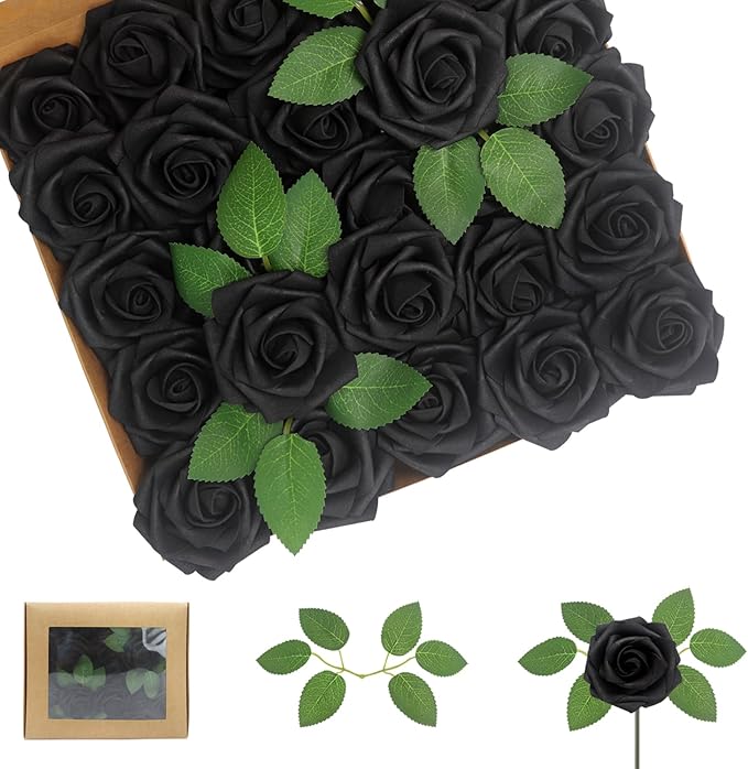 100PCS Black Artificial Flowers Roses Real Looking Foam Fake Roses with Leaves and for DIY Wedding Bouquets Bridal Shower Centerpieces Party Decorations (Black, 100)