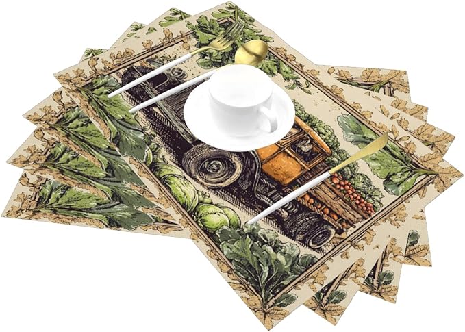 PVC Placemats Set of 6 Wipeable Table Mats Washable Heat Resistant Non Slip Vinyl Dining Table Mat for Kitchen Indoor Outdoor Patio Farmhouse Place Mats Retro Fall Truck Decorative