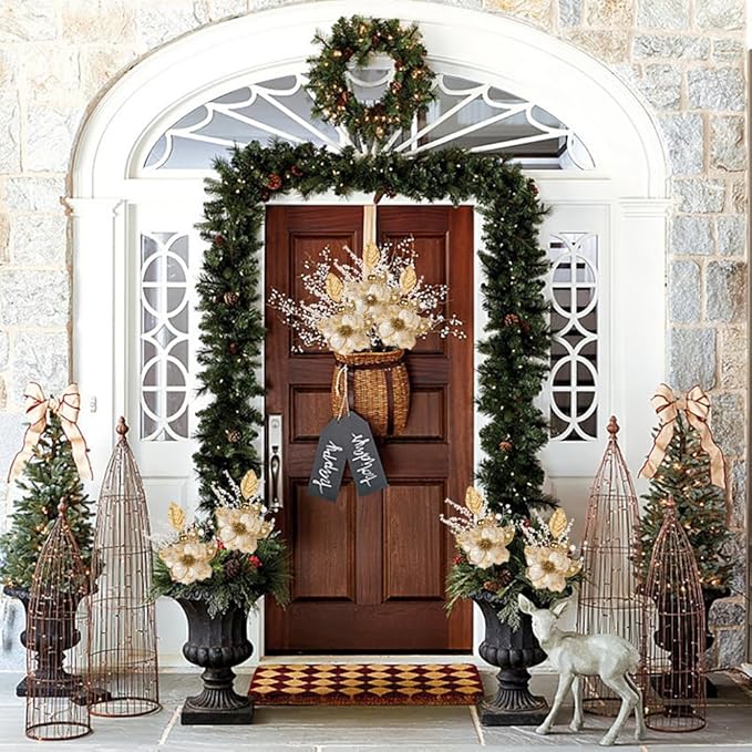 Briful 2PCS Christmas Glitter Magnolia Flowers Picks and Spray with Christmas Balls Ornament Berries Gold Leaves Branches for Xmas Tree Wreath Vase Centerpiece Floral Arrangement (White Gold)