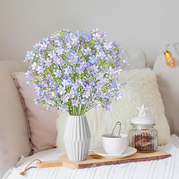 Artificial Flowers 8PCS Silk Flowers with Long Stems, Fake Flowers Bulk Fake Babys Breath, Royal Blue Flowers for Tall Vase Outdoor Garden Wedding Party Home Table (Purple, 8PCS)