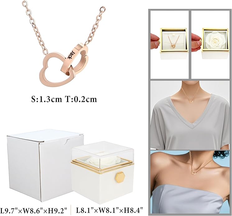 ‌TINGKU Eternal Real Rose Gift Box for Women, Preserved Rose with Customized Name Engraved Heart Necklace, Personalized Romantic Gift for Wife, Girlfriend, Mom, Mother's Day Love Keepsake