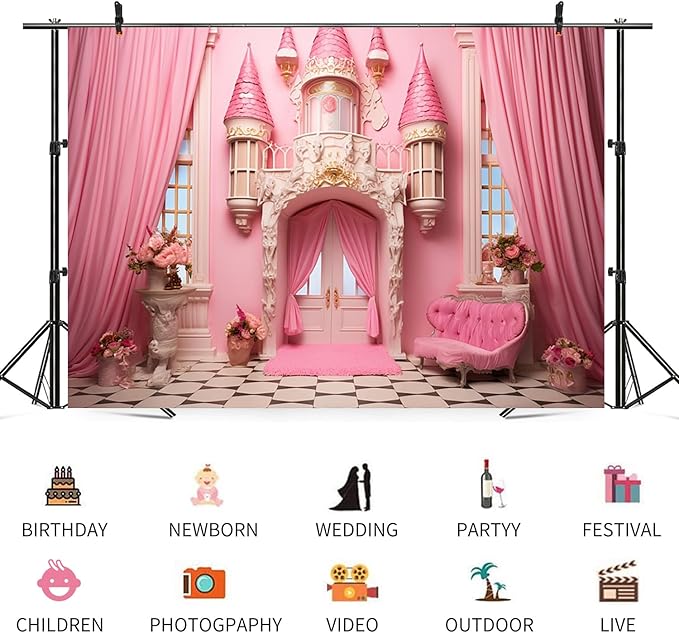 12x10ft Pink Castle Backdrop Room Door Curtain Photography Background Flowers Vases Sofa Princess Girl Birthday Banner Decorations Newborn Baby Shower Wedding Party Portrait Photo Booth Prop