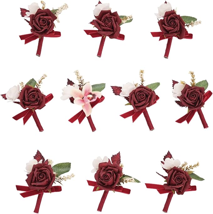 TINGE TIME Boutonniere for Men Wedding,Groom and Best Man Boutonniere for Wedding Ceremony Anniversary, Formal Dinner Party and Rustic Spring Wedding Marriage (10, Burgundy)