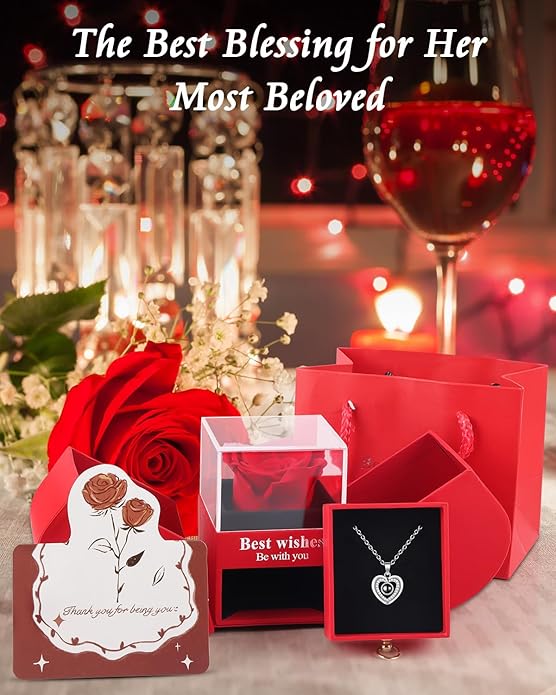 Preserved Red Forever Rose Heart Necklace Gift Box, Eternal Flowers "I Love You" Projection Jewelry for Women, Romantic Christmas Valentines Day Anniversary Birthday Gift for Her(Wife Girlfriend Mom)