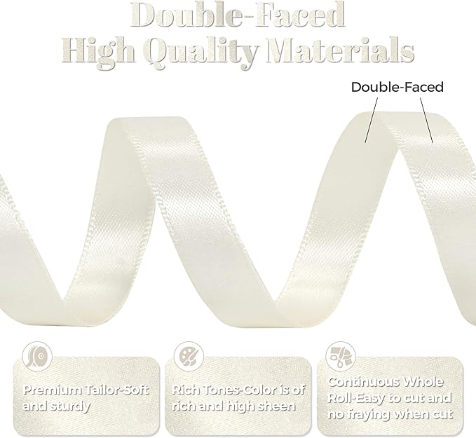 Antique White Satin Ribbon, Double Faced 1/2 Inch X 50 Yards Antique White Ribbon, Premium Satin Ribbon for Gift Wrapping, Crafts, Hair Bow Making, Sewing, Flower Bouquet, Wedding Party Decor