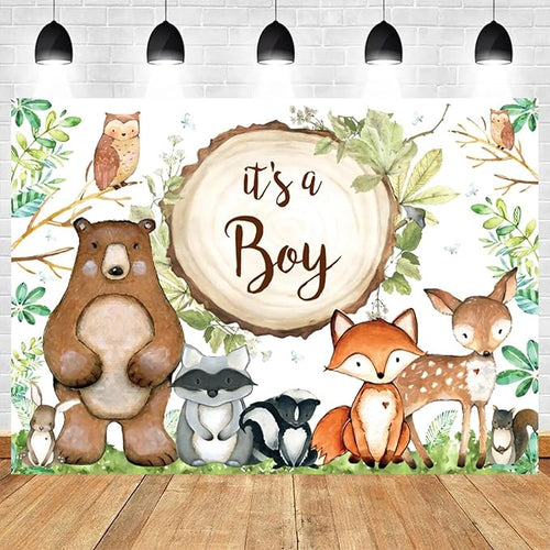 10x6.5ft Woodland Baby Shower Backdrop It's a Boy Photography Background Jungle Green Grass Leaves Animals Bear Fox Deer Baby Boys Party Banner Decorations Newborn Portrait Photo Booth Prop