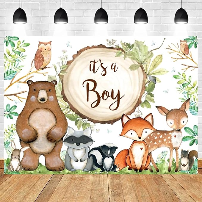 15x8ft Woodland Baby Shower Backdrop It's a Boy Photography Background Jungle Green Grass Leaves Animals Bear Fox Deer Baby Boys Party Banner Decorations Newborn Portrait Photo Booth Prop