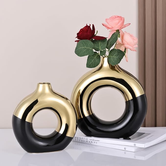 Black and Gold Vase Decor Donut Vase Set of 2 - Circle Hollow Vases, Modern Matte Ceramic Vases for Entryway Living Room Bedroom Dining Table Centerpiece Office Home Decor