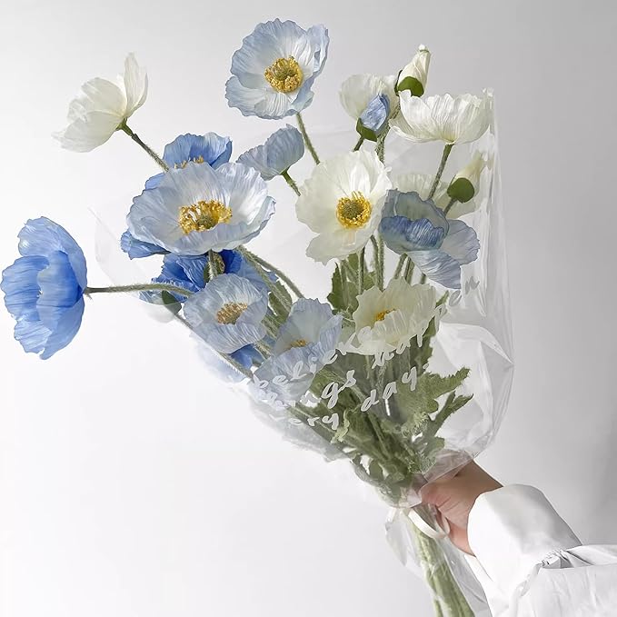 2 Pcs Artificial Fake Flowers Plants Poppies Silk Flower Arrangements Wedding Bouquets Decorations Plastic Floral Table Centerpieces for Home Kitchen Garden Party Decor Approx 23.6" High - Light Blue