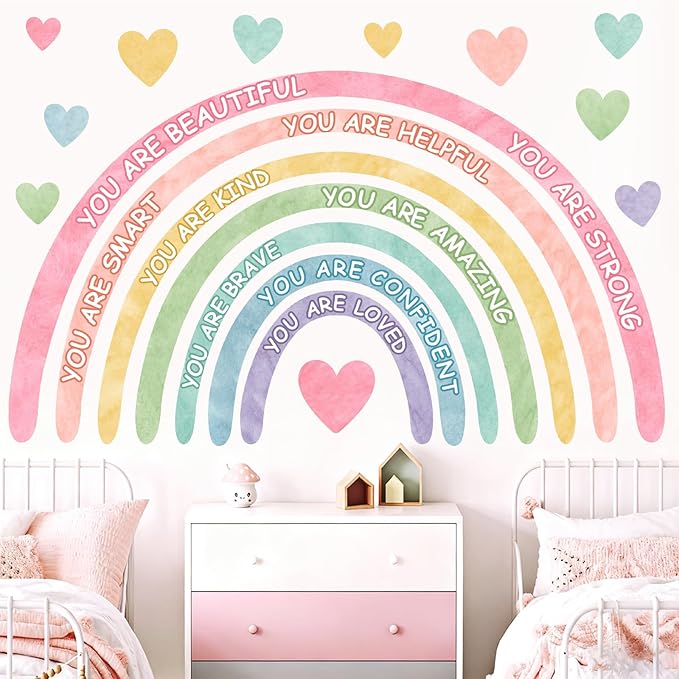 Large Rainbow Wall Stickers Kids Inspirational Wall Decal for Girl Bedroom Peel and Stick Watercolor Rainbow Wall Decals Pastel Pink You are Decor Vinyl Positive Art Murals for Baby Bedroom Playroom