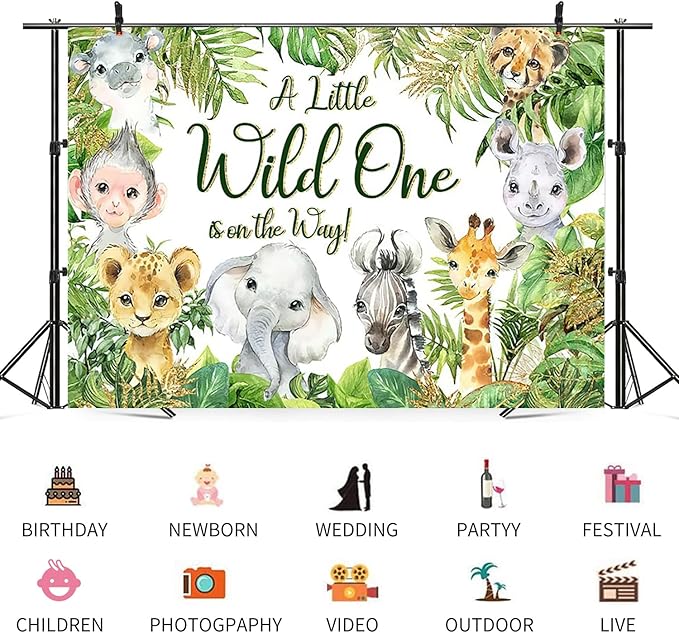 12x8ft Baby Shower Backdrop A Little Wild One is On The Way Photography Background Jungle Animals Tropical Green Leaf Newborn Birthday Party Banner Decorations Gender Reveal Photo Booth Prop