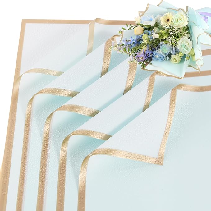 YIDATIKER 20 sheet Flower Wrapping Paper,waterproof floral wrapping paper for bouquets,DIY Florist Supplies Packaging Paper with satin ribbon for Wedding,Birthday,Valentine's Day(Light Blue)