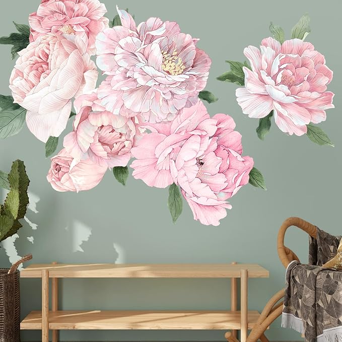 Large Pink Peony Wall Decals, Blush Flower Stickers for Girls Room & Kids Bedroom, Colorful Floral Vinyl Art for Nursery, Self-Adhesive Decor