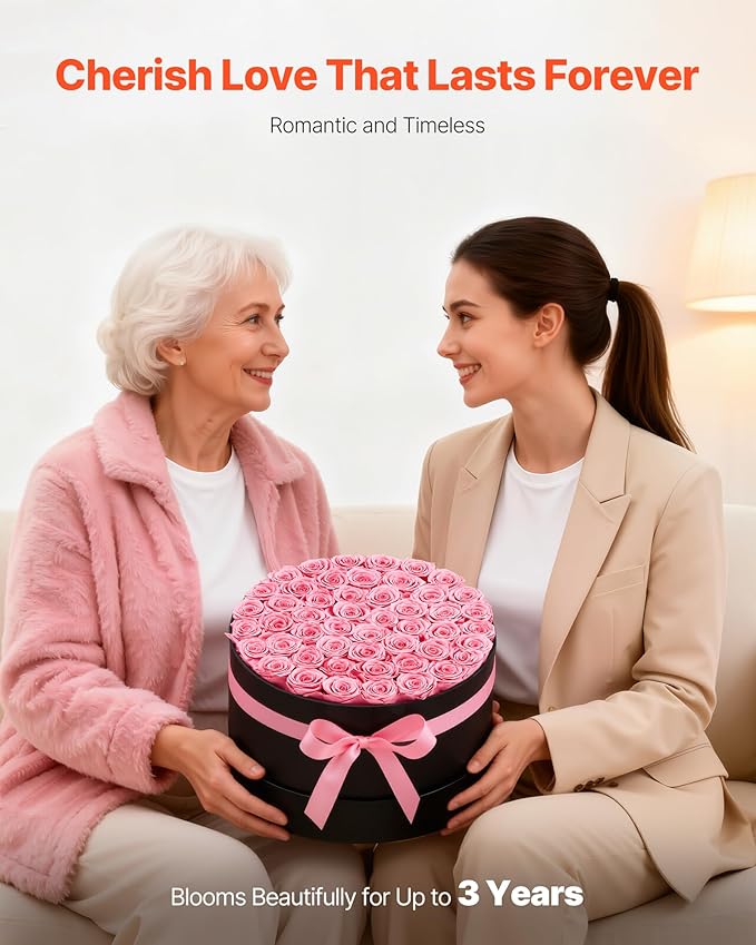 VEVOR Forever Flowers, 50 Preserved Roses in a Box, Eternal Flowers Immortal Bouquet Birthday Present for Delivery Prime Women Her Wife Mothers, Anniversary, Valentine's Day,Christmas, Sweet Pink