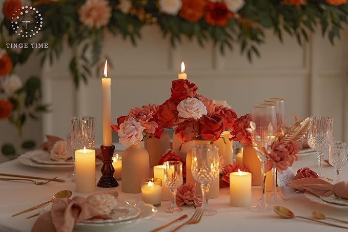 TINGE TIME Artificial Flowers, 25pcs Real Looking Gradient Fall Orange Rose Fake Roses w/Stem for DIY Wedding Bouquets Centerpieces Arrangements Party Baby Shower Home Decorations