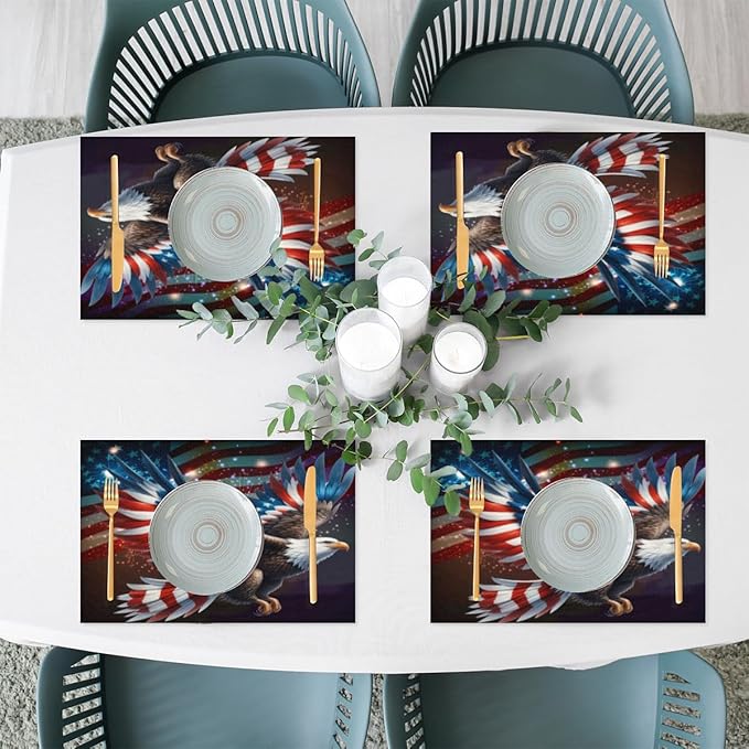 Independence Day Bald Eagles Flag Placemats Set of 1 PVC Vinyl Non Slip Table Mats Waterproof Heat Resistant Place Mats Washable Wipeable Dining Table Mat for Kitchen Party Indoor Outdoor Decorative