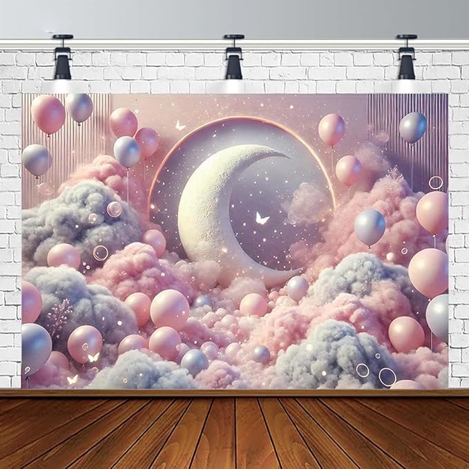 Dreamy Moon and Balloons Backdrop Pink Dreamy Balloon Moon Baby Birthday Decoration Kids Portrait Photo Backdrop Newborn Baby Photography Background (8x6feet)