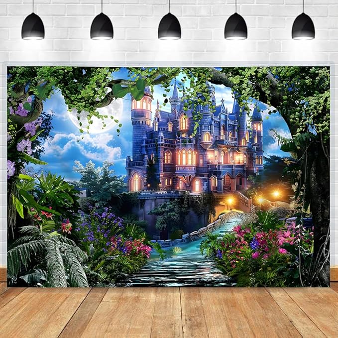 10x8ft Spring Fantasy Castle Palace Backdrop Vinyl Fairy Tale Prince Princess Flower Forest Wonderland Castle Photography Background Girl Home Decor Birthday Party Portrait Photo Props