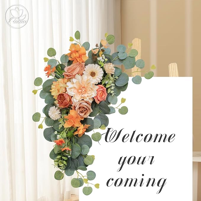 Artificial Wedding Arch Flowers for Wedding Sign,Set of 2 for Wedding Welcome Ceremony Sign,Faux Floral Swags,Wedding, Banquet and Reception Backdrop Floral Decoration (Orange)