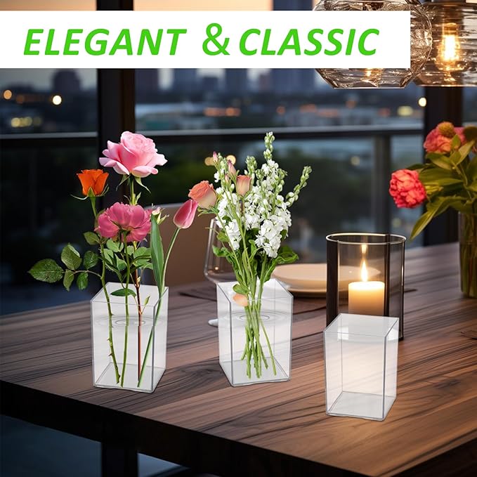 30 PCS Clear Square Vase 2.7'' x 2.7'' Plastic Flower Vases Centerpieces Cube Plastic Container Bulk Small Clear Flower Container for Home Office Wedding Party Decorations