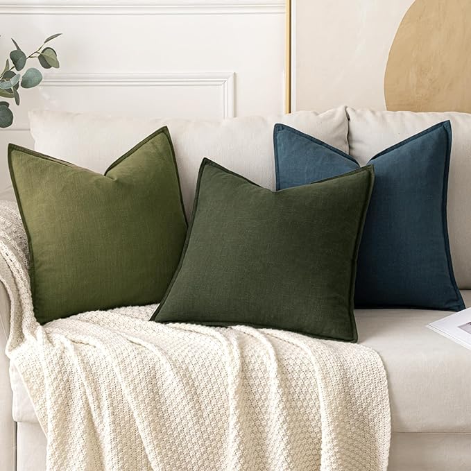 MIULEE Decorative Linen Pillow Covers 16x16 Inch Green Boho Farmhouse Neutral Couch Throw Pillows for Bed Pack of 2 Accent Outdoor Pillowcase Modern Sofa Cushion Livingroom Home Decor