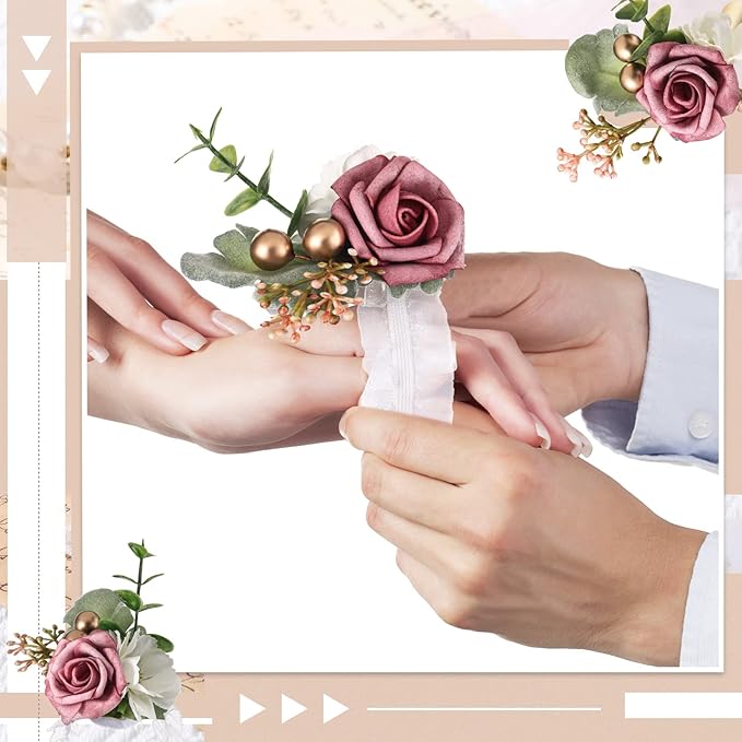 12 Pcs Wedding Wrist Corsage and Boutonniere Set Rose Wrist Corsage for Prom Boutonniere for Men Wedding Flowers Accessories Prom Suit Decorations for Wedding Ceremony Anniversary (Dusty Rose)