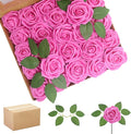200Pcs Hot Pink Artificial Flowers Roses Real Looking Foam Fake Roses with Leaves and for DIY Wedding Bouquets Bridal Shower Centerpieces Party Decorations (Hot Pink, 200)