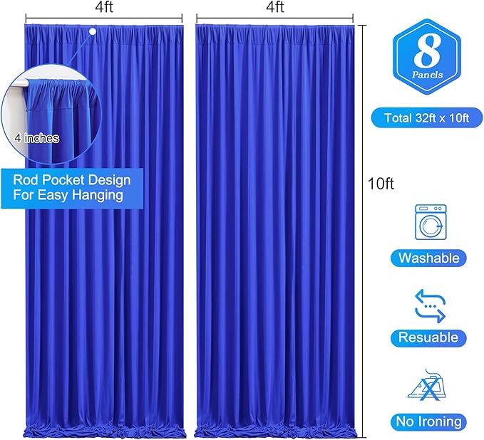 Royal Blue Backdrop Curtains 8 Panels - Wrinkle-Free Polyester Photography Drapes for Baby Shower & Birthday Party - 32 X 10FT