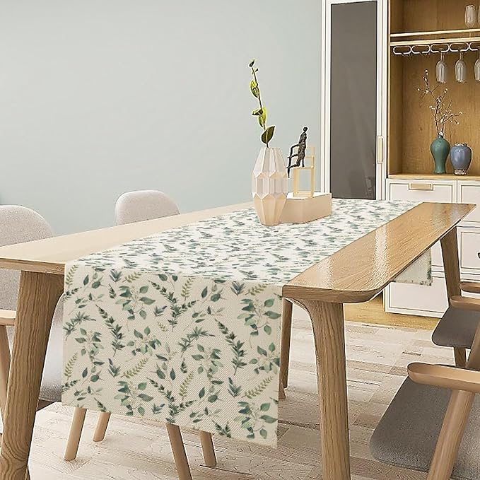 Watercolor Leaf Table Runner, Green Botanical Leaves Nature Decor Table Runner for Kitchen Dining Party Picnic Decoration, 13x120 Inch