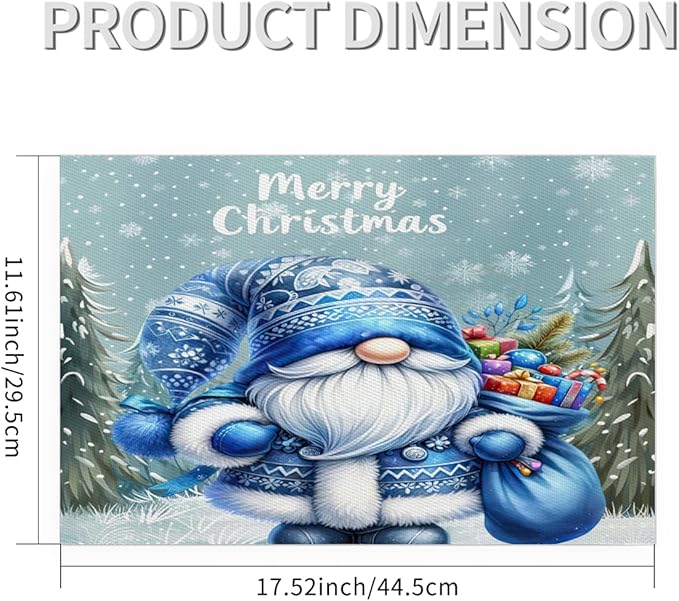 Xmas Christmas Gnomes Bule Snowflake Placemats Set of 1 PVC Vinyl Non Slip Table Mats Heat Resistant Place Mats Washable Wipeable Dining Table Mat for Kitchen Party Indoor Outdoor Decorative Gift