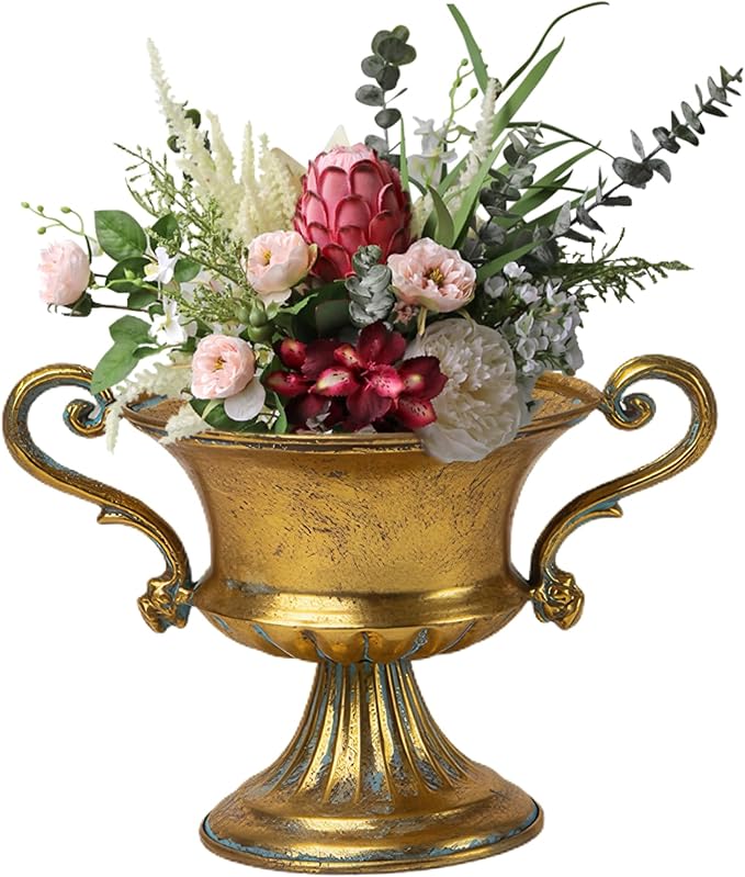 Metal Vase 6 Inch Vintage Trophy-Shaped Golden Color Iron Pedestal Vase with Handle DIY Friendly Decorative Flower Pot for Centerpiece, Wedding, Banquet, Party