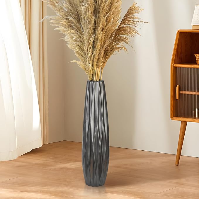 Silvery Ceramic Tall Floor Vase,17.7 Inch Large Modern Flower Vases for Home Décor,Wicker Big Floor Vases Decorations for Farmhouse, Living Room,Bedroom,Standing Plastic Vase Decorative Tall