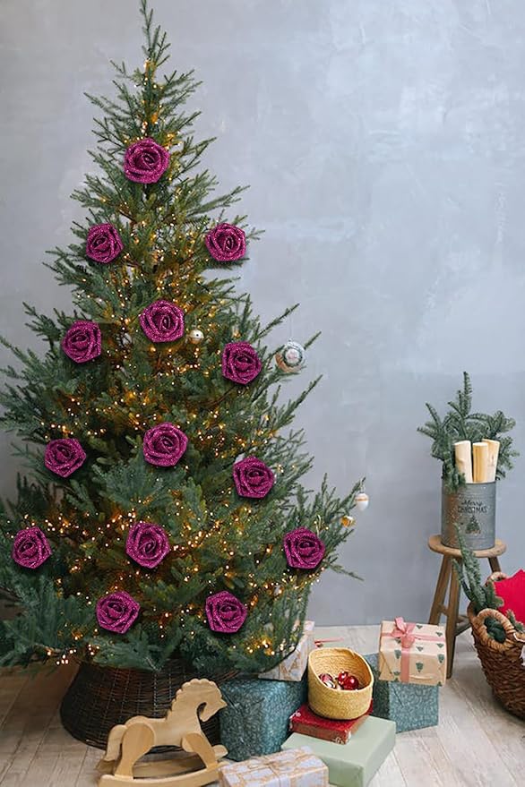 IPOPU Artificial Roses,25pcs Glitter Roses Glitter Flowers Foam Roses with Stems for DIY Wedding Bridal Bouquet Home Party Decoration(Deep Pink)