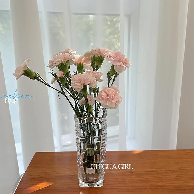 Clear Glass Vase for Flowers Square Embossed Rectangle 6in High Glass Bud Vases Small Vase for Flowers Plant Terrarium Candle Holder Water Glasses for Wedding Centerpiece Office Table, Rattan