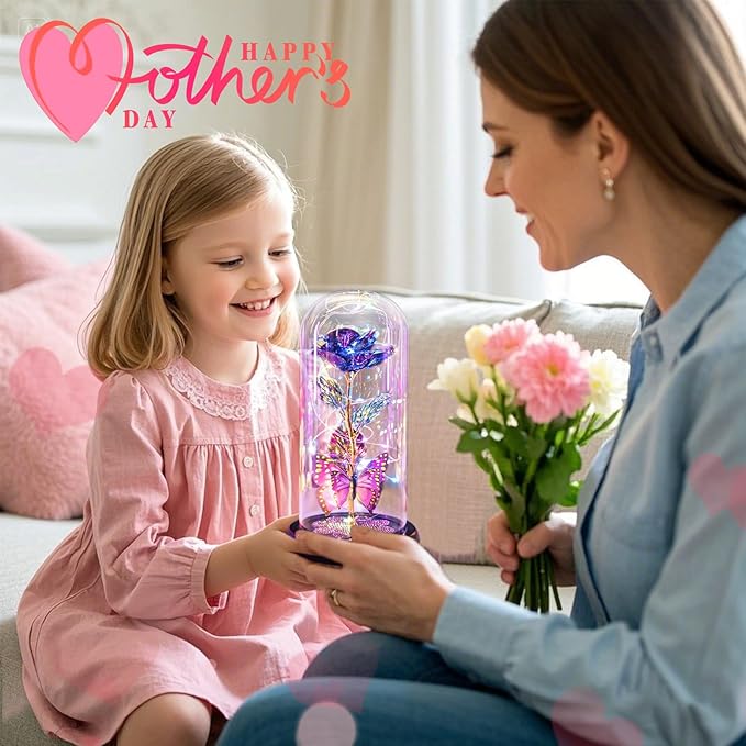 Womens Gifts for Christmas, Christmas Rose Gift for Women Birthday Gift Galaxy Glass Rose Forever Eternal Crystal Flower Light Up Roses in Glass Dome Purple Xmas Gifts for Mom Grandma Wife Her Sister