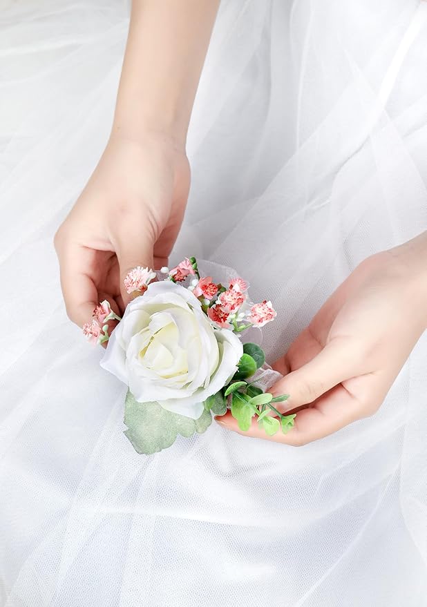 White & Pink Rose Corsage and Men Boutonniere Set for Wedding Ivory Corsages Wristlet Band Bracelet for Wedding Flowers Accessories Prom Suit Decorations