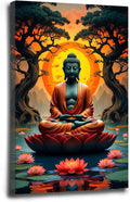Canvas wall art Golden Buddha on lotus at sunset Ancient trees with reflections on water Serene meditation scene Uplifting wall art for mindfulness and tranquil home decor 16x24in Wood Framed