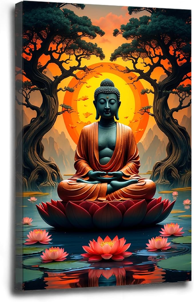 Canvas wall art Golden Buddha on lotus at sunset Ancient trees with reflections on water Serene meditation scene Uplifting wall art for mindfulness and tranquil home decor 8x12in Wood Framed