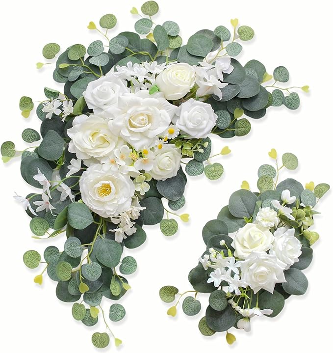 Artificial Wedding Arch Flowers for Wedding Sign,Set of 2 for Wedding Welcome Ceremony Sign,Faux Floral Swags,Wedding, Banquet and Reception Backdrop Floral Decoration (White Champagne)