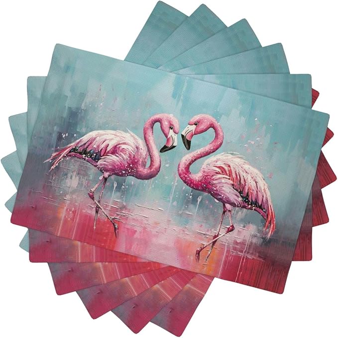 Pink Flamingo Placemats Set of 6 Washable Table Mats Modern Tropical Heat-Resistant Cotton Linen Place Mats for Dining Table Kitchen Indoor Outdoor Party Holiday Decor