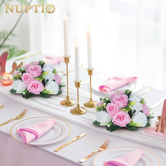 NUPTIO Flower Centerpieces for Wedding Tables: 10 Pcs Pink & White Artificial Flower Ball Arrangement for Weddings Party - Fake Floral Rose for Birthday Bridal Shower Decorations
